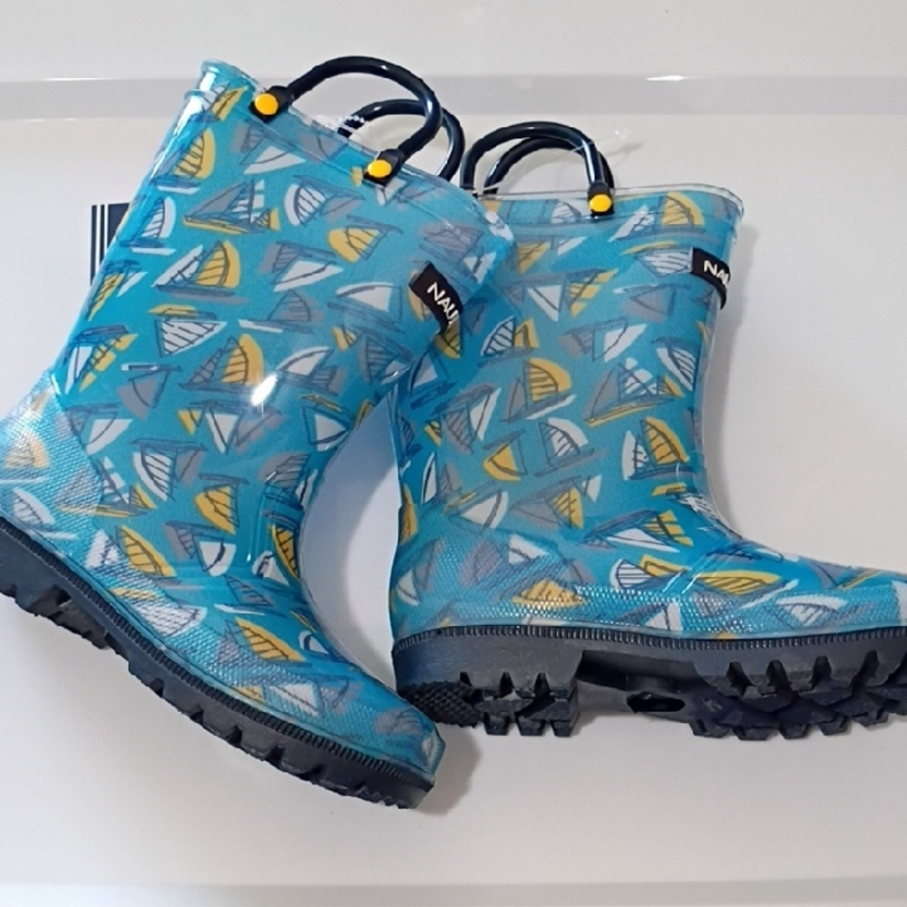 NAUTICA BLUE YELLOW SAILBOAT PRINT KIDS PULL-ON RAIN BOOTS SIZE 11 TODDLER NWT